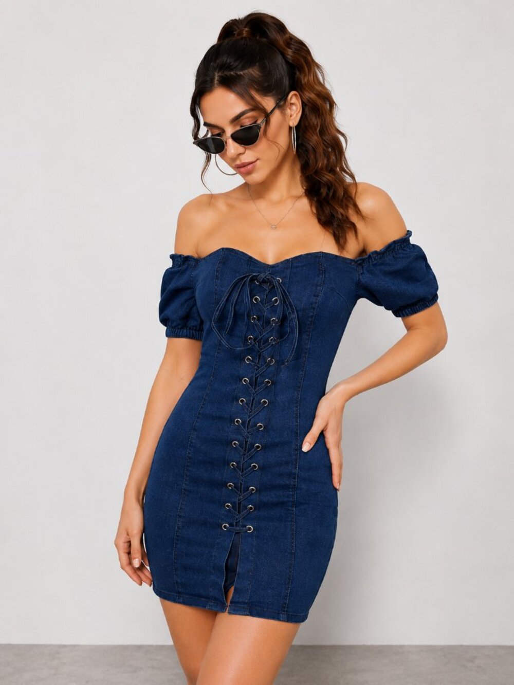Dark Wash Denim Corset Mini Dress Off Shoulder Lace Up NWT